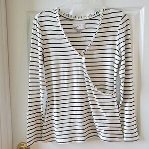 Cream/Black striped long sleeve faux wrap shirt size small, ruffles feminine